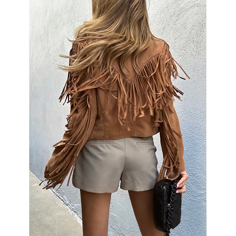 Handmade Real Leather Sheepskin Suede Lapel Tassel Motorcycle Short Jacket