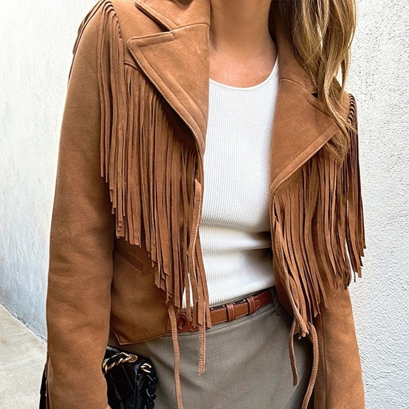 Handmade Real Leather Sheepskin Suede Lapel Tassel Motorcycle Short Jacket