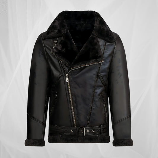 Men’s Black Shearling Leather Jacket – Winter Warm Fur-Lined Aviator Biker Coat, Vintage Pilot Bomber Jacket
