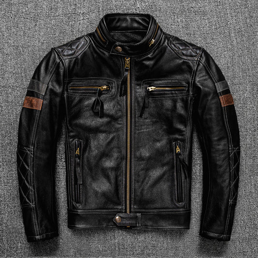 Handmade First Layer Cowhide Leather Coat Men's Stand Collar Motorcycle Cycling Clothing