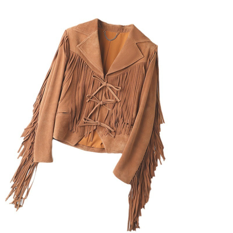 Handmade Real Leather Sheepskin Suede Lapel Tassel Motorcycle Short Jacket