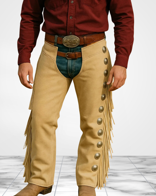 Handmade Suede Leather Fringe Chaps – Western Rodeo Cowboy Pants with Conchos – Vintage Country Festival Riding Gear
