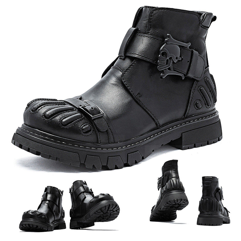 Men’s Punk Rock Martin Boots – Big Head Leather Tooling Combat Boots, Lace-Up Machinery Car Workwear Boots, Vintage Biker Footwear
