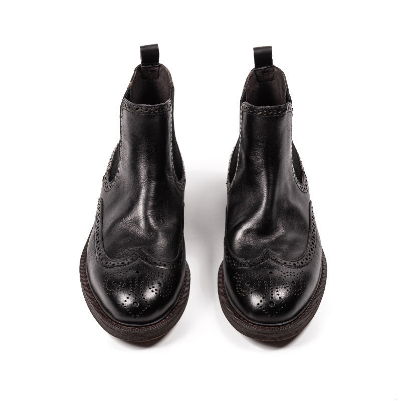 Men’s Brogue Chelsea Boots – Carved Leather Dress Shoes, Vintage Wingtip Ankle Boots, Handmade Formal & Casual Footwear