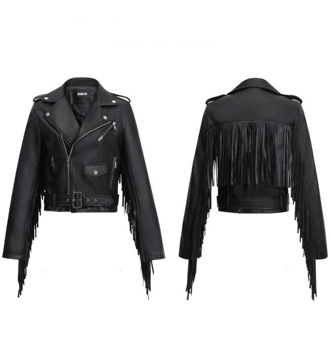 Handmade New Women's Tassel Short Slim Leather Jacket Motorcycle