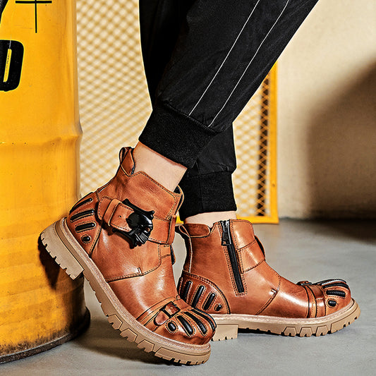 Men’s Punk Rock Martin Boots – Big Head Leather Tooling Combat Boots, Lace-Up Machinery Car Workwear Boots, Vintage Biker Footwear