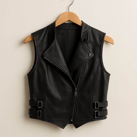 Men’s Black Leather Moto Vest – Lightweight Summer Biker Style, Sleeveless Streetwear Jacket