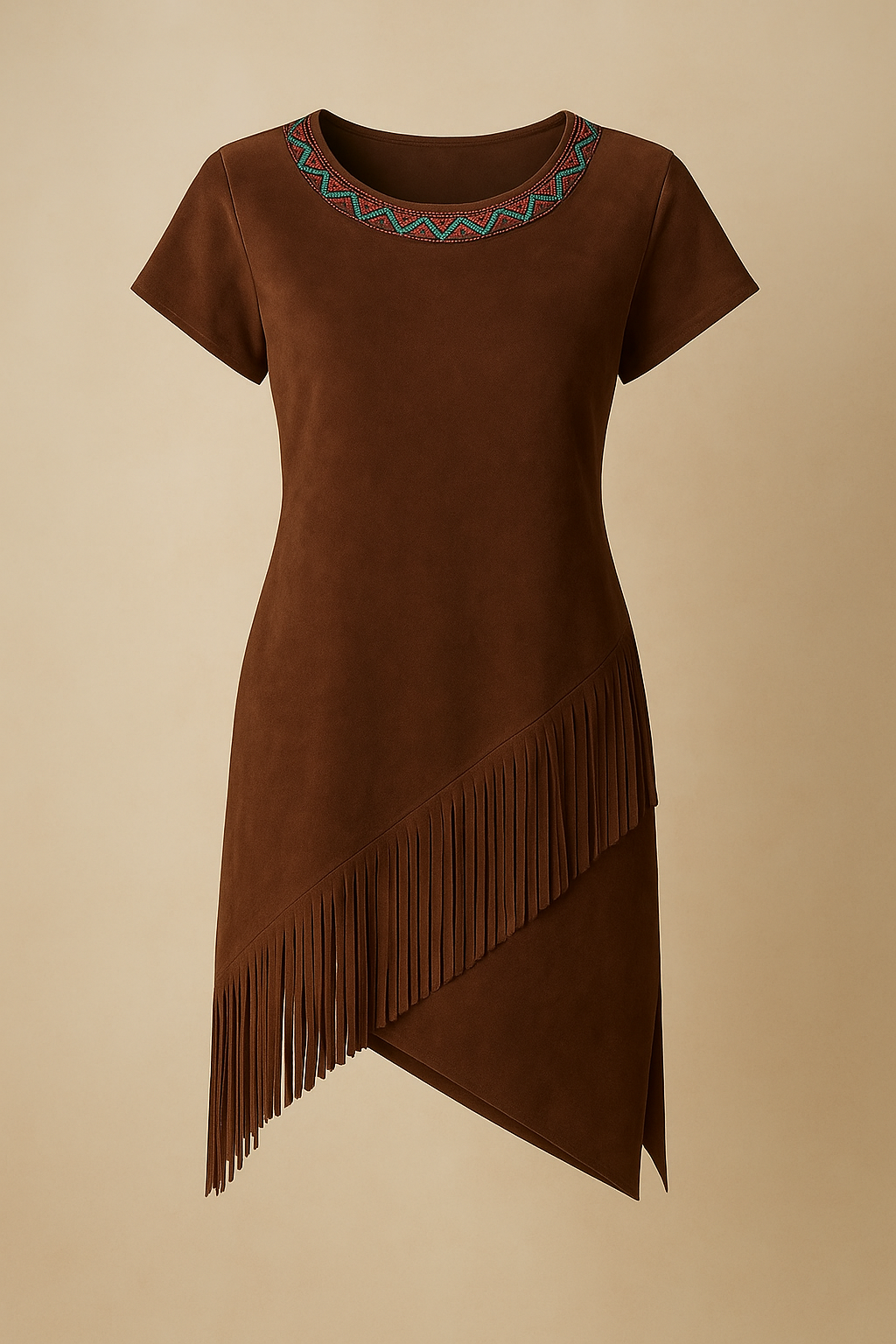 Handmade Suede Fringe Dress with Beaded Neckline | Brown Leather Asymmetrical Dress Real Leather Dress Genuine Leather Party Dress