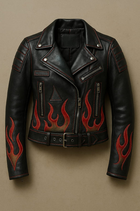 Premium black biker leather jacket with flames design for Female - stylish motorcycle jacket with quilted sleeves and zipper details