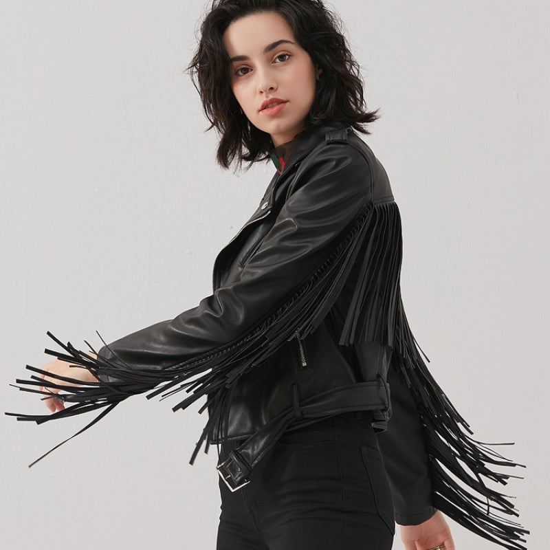 Handmade New Women's Tassel Short Slim Leather Jacket Motorcycle