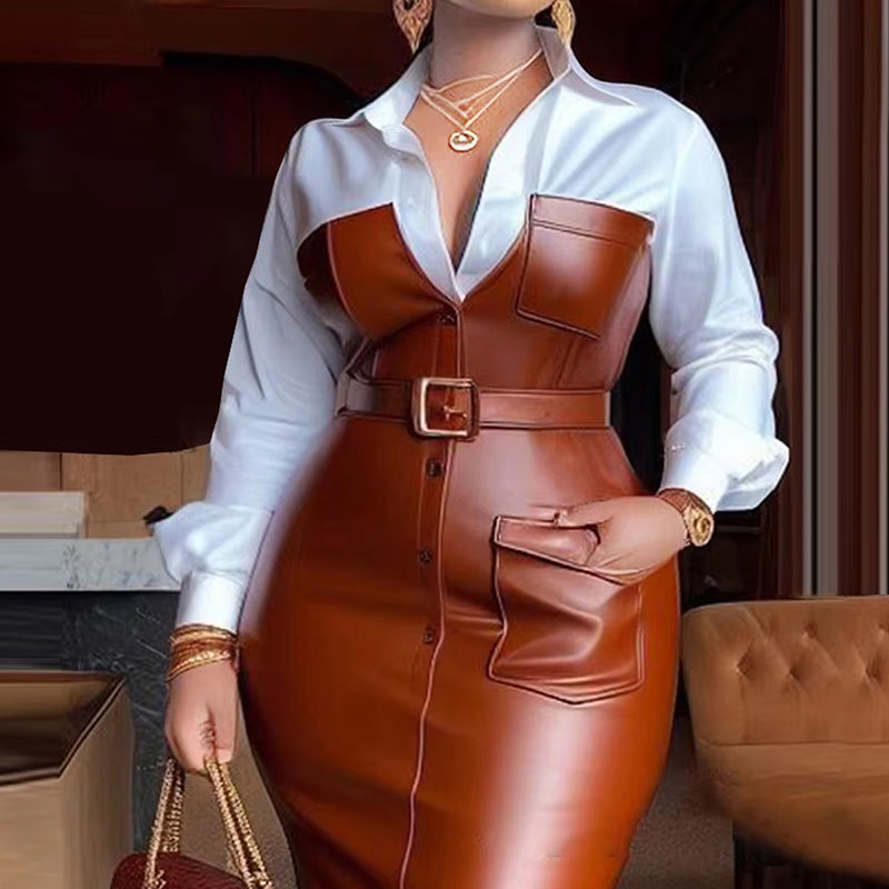 Women's Fashion V-Neck Long Sleeve Shirt Leather Trim Dress Belted Pocket