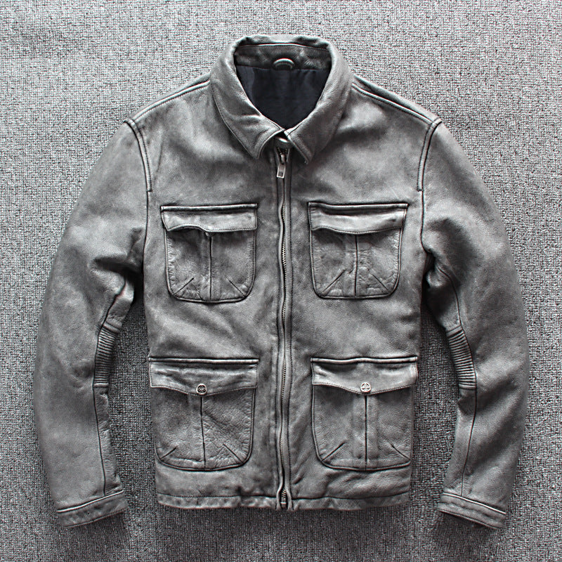 Handmade Men's Business Shirt Pocket Motorcycle Clothing Leather Jacket Coat