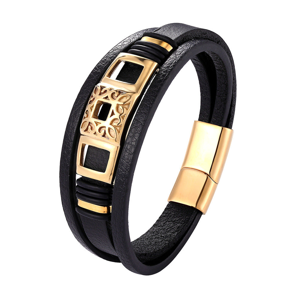 Simple Vintage Braided Leather Bracelet Titanium Steel Multilayer Men's Bracelet