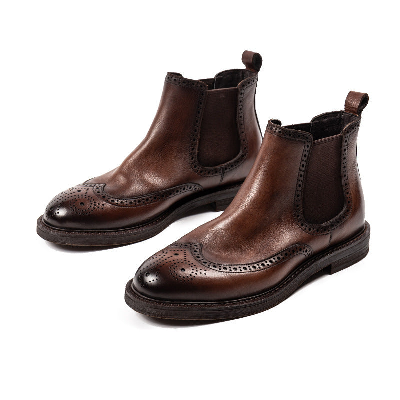 Men’s Brogue Chelsea Boots – Carved Leather Dress Shoes, Vintage Wingtip Ankle Boots, Handmade Formal & Casual Footwear