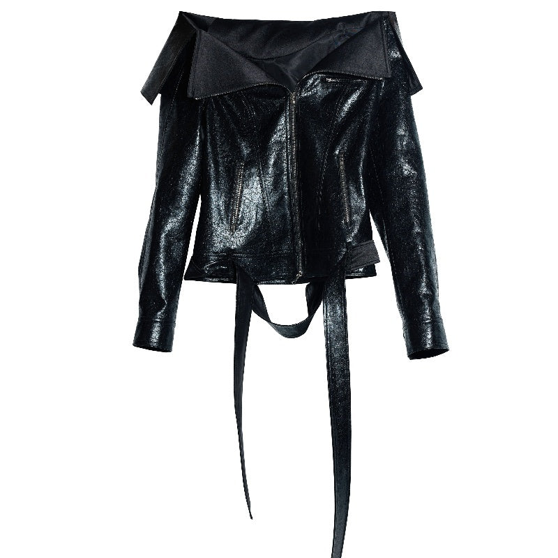 Handmade Large Lapel Off-shoulder Chapped Leather Narrow Jacket