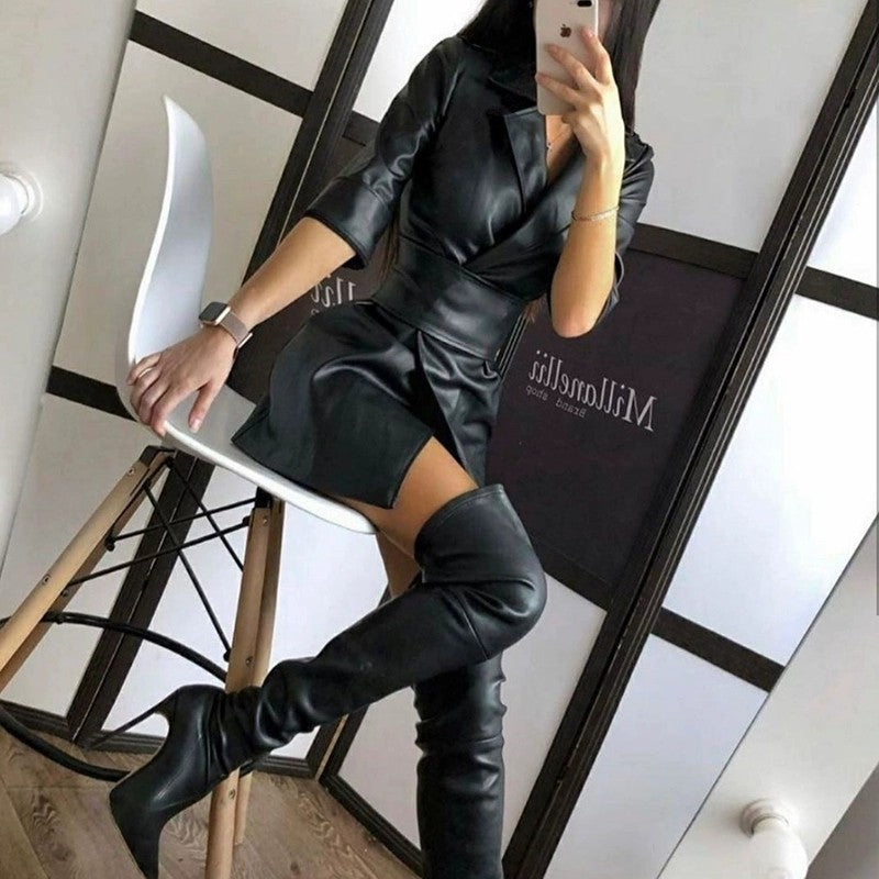 Solid Color Leather Suit Collar Medium Long Sleeve Women's Dress Leather Coat