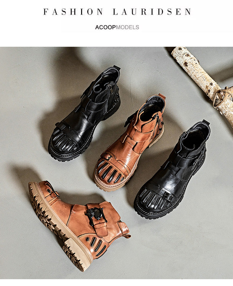 Men’s Punk Rock Martin Boots – Big Head Leather Tooling Combat Boots, Lace-Up Machinery Car Workwear Boots, Vintage Biker Footwear