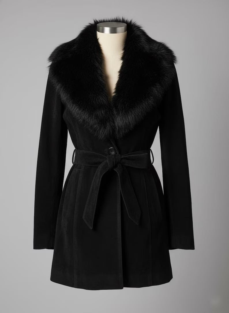 Handcrafted Luxury Black Suede Leather Trench Coat with Fur Collar and Belt