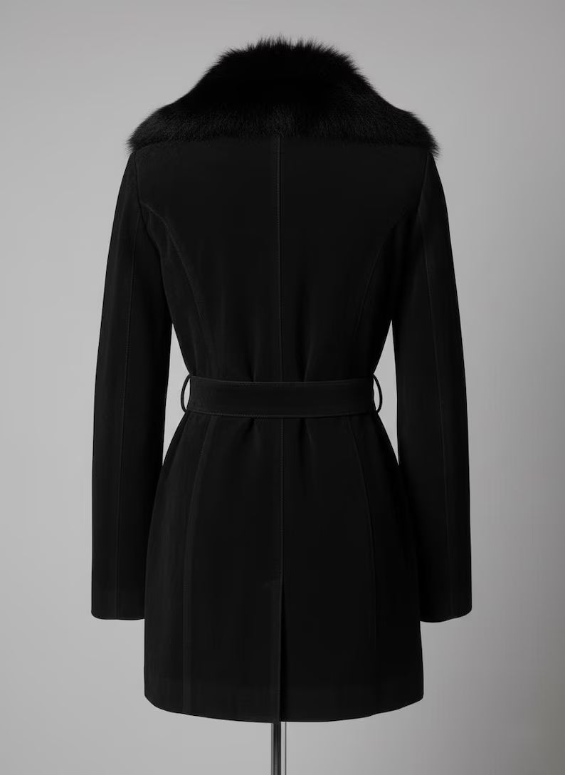 Handcrafted Luxury Black Suede Leather Trench Coat with Fur Collar and Belt