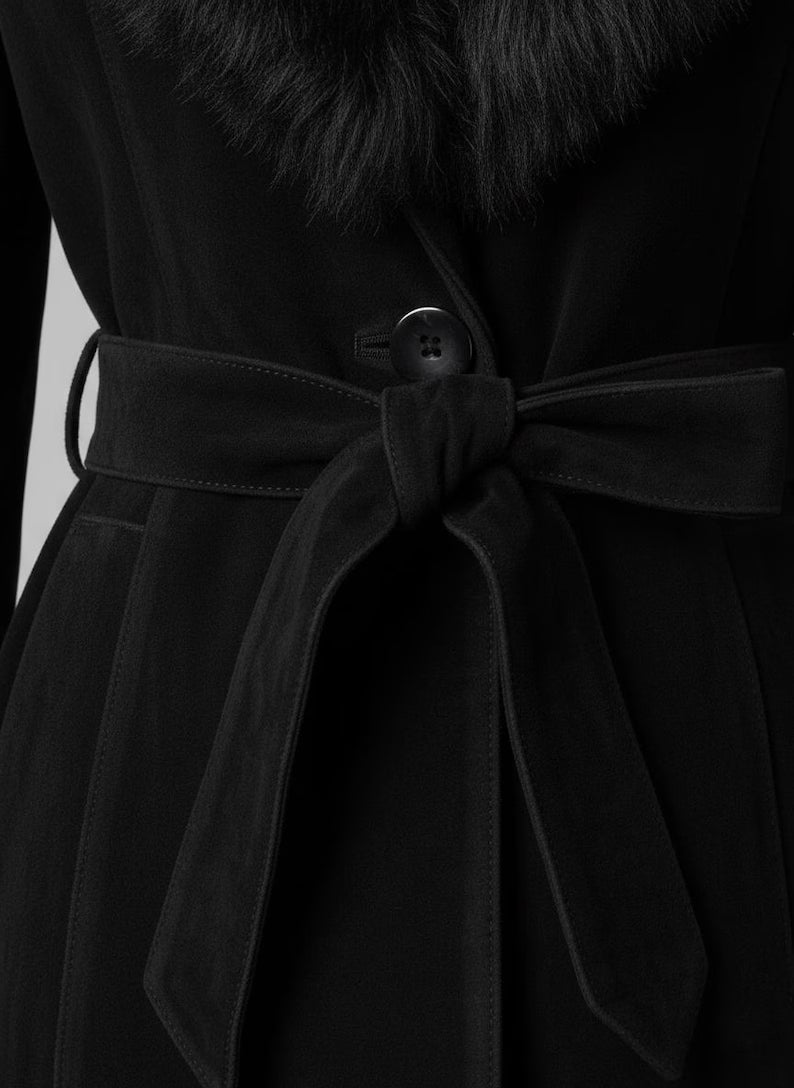 Handcrafted Luxury Black Suede Leather Trench Coat with Fur Collar and Belt