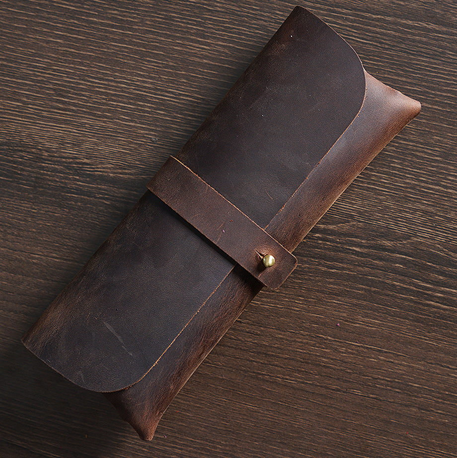 First Layer Cowhide Retro Pencil Case Trendy Large Capacity Leather Students Stationery Box