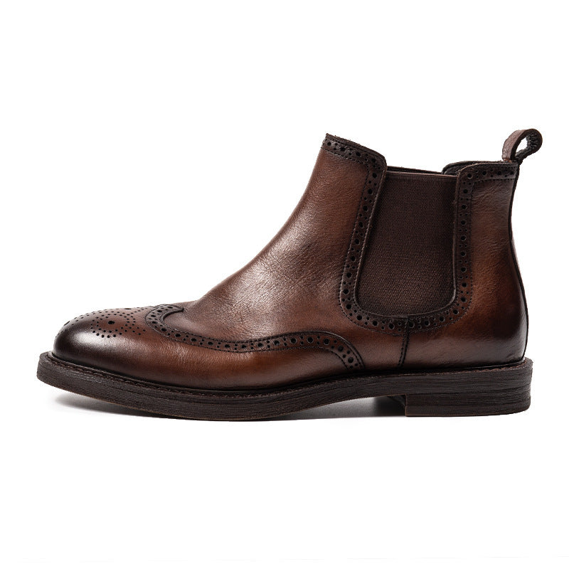 Men’s Brogue Chelsea Boots – Carved Leather Dress Shoes, Vintage Wingtip Ankle Boots, Handmade Formal & Casual Footwear