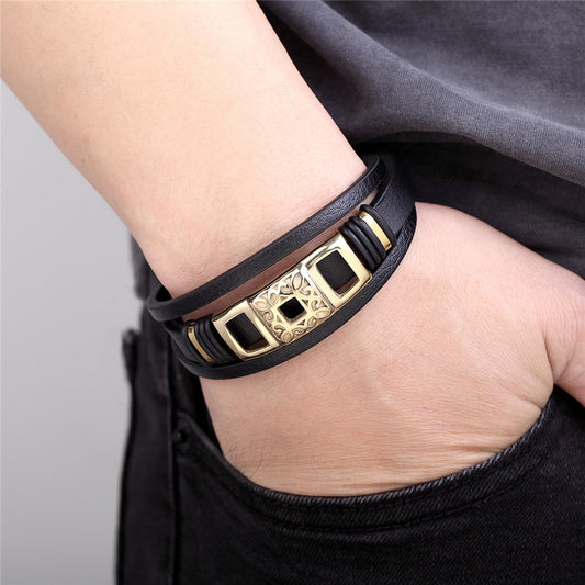 Simple Vintage Braided Leather Bracelet Titanium Steel Multilayer Men's Bracelet