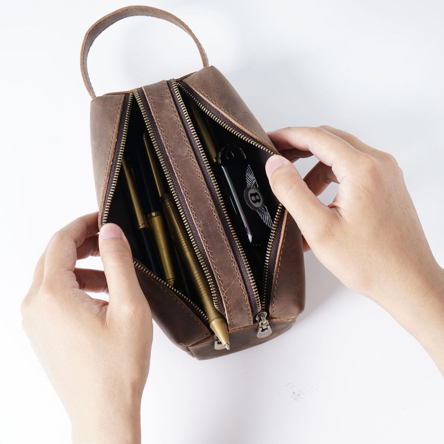 Leather Pencil Case Large Capacity Double-layer Multifunctional Stationery