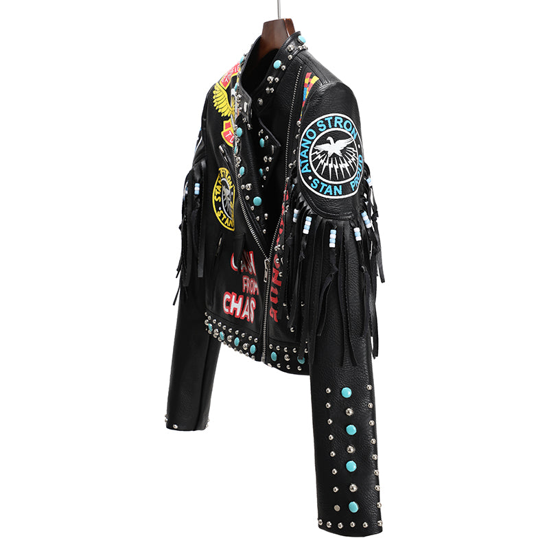 New Fashion Print Contrast Color Rivet Leather Jacket For Women