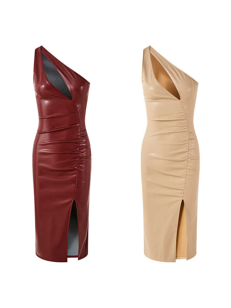 One Shoulder Irregular Pleated Side Slit Leather Skirt Dress
