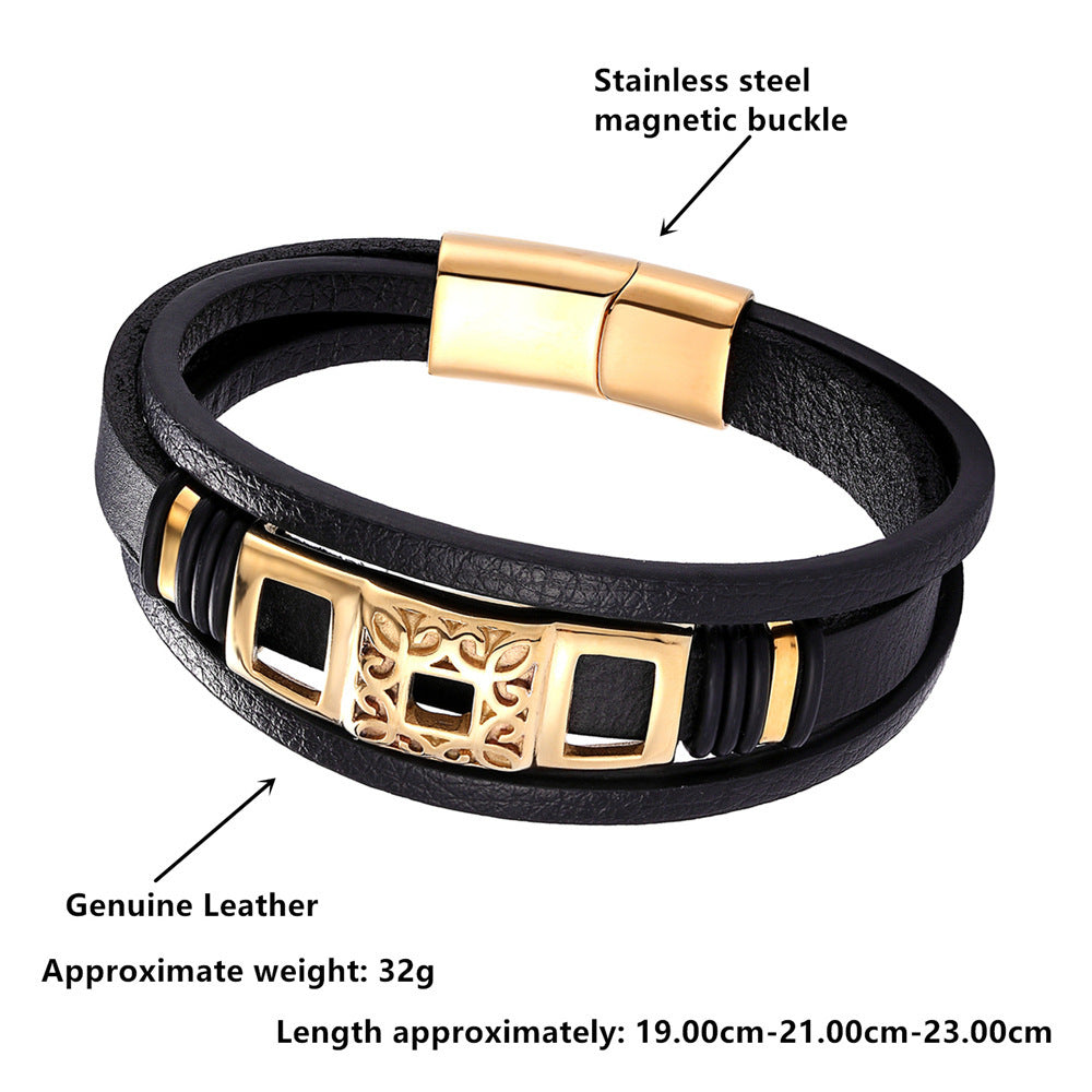 Simple Vintage Braided Leather Bracelet Titanium Steel Multilayer Men's Bracelet
