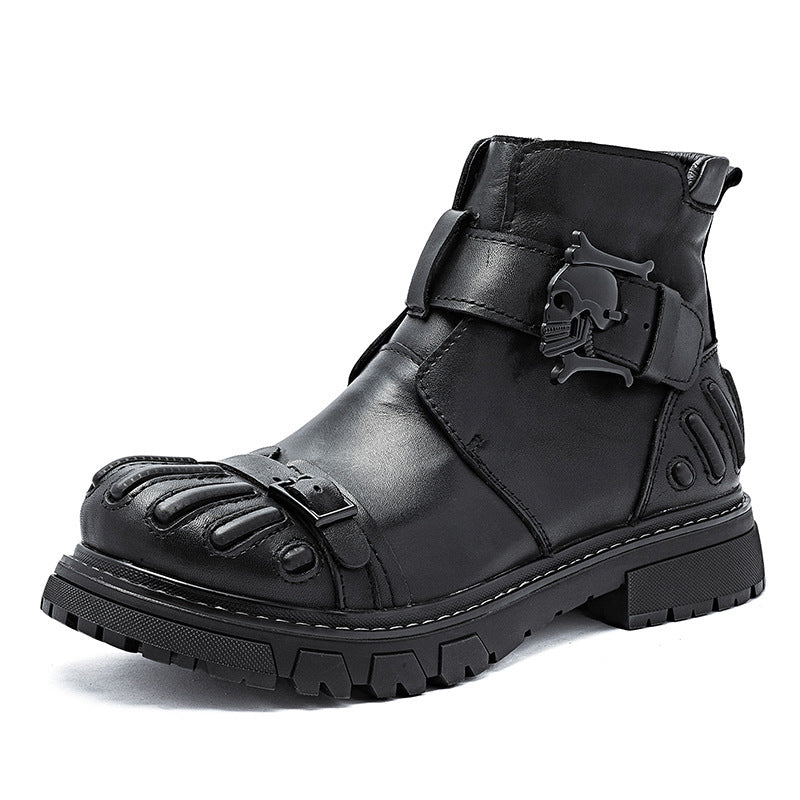 Men’s Punk Rock Martin Boots – Big Head Leather Tooling Combat Boots, Lace-Up Machinery Car Workwear Boots, Vintage Biker Footwear