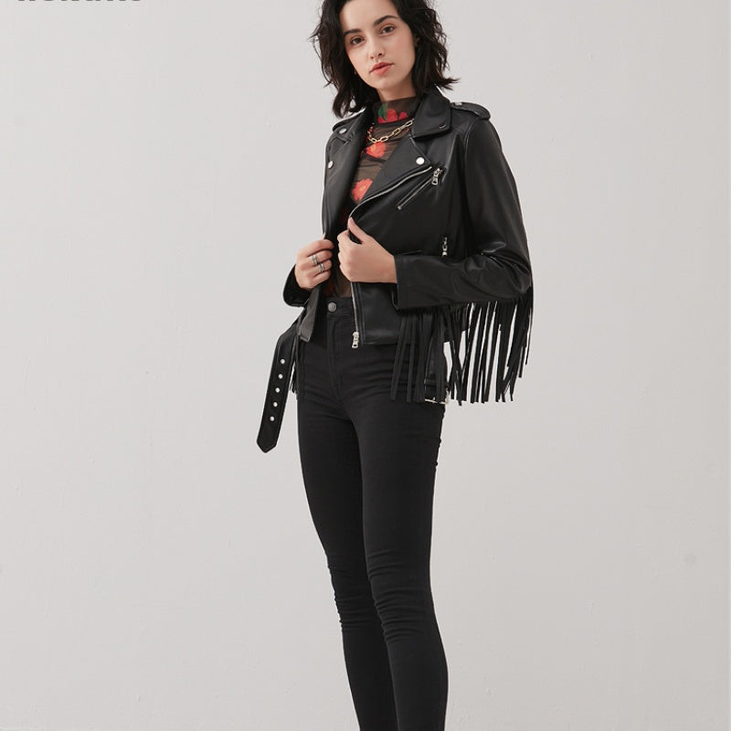 Handmade New Women's Tassel Short Slim Leather Jacket Motorcycle