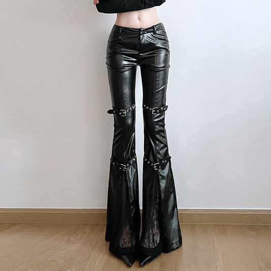 Lace Stitching Leather Bell-bottom Pants