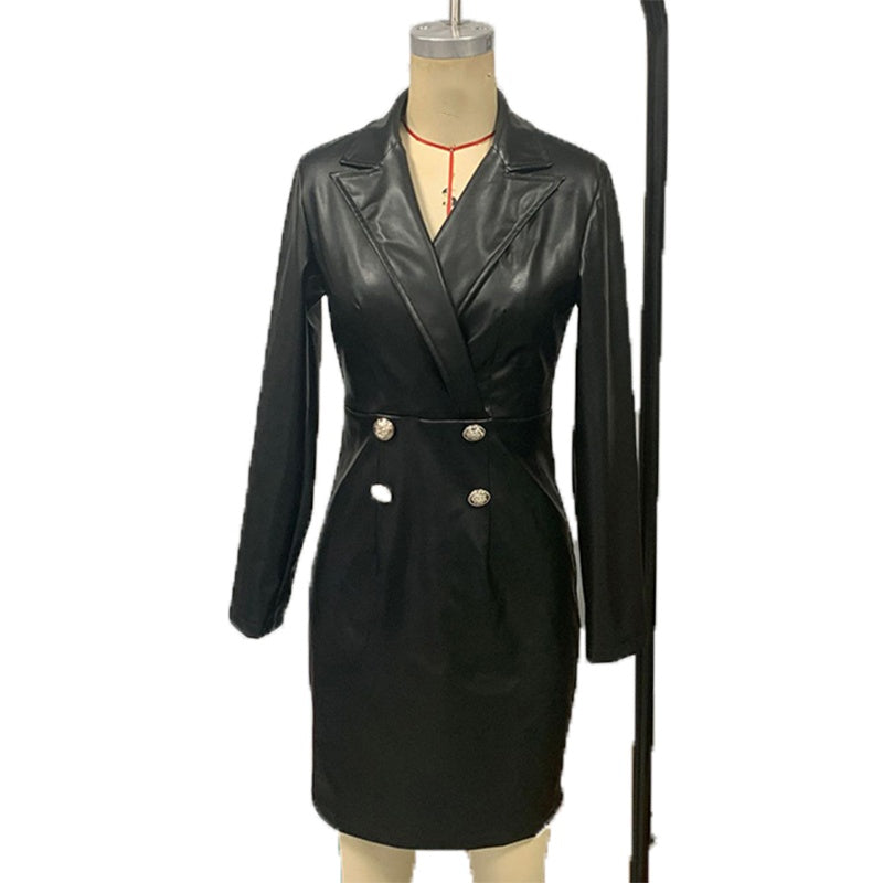 Women's Faux Leather Blazer Dress, Double-Breasted Long Sleeve Midi Dress