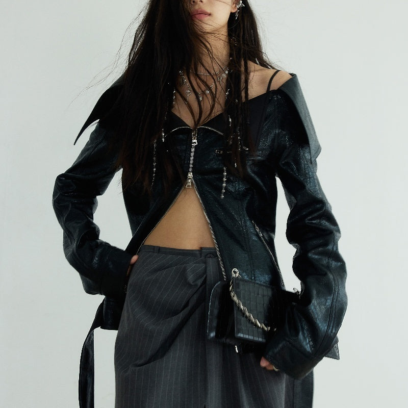 Handmade Large Lapel Off-shoulder Chapped Leather Narrow Jacket