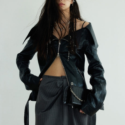 Handmade Large Lapel Off-shoulder Chapped Leather Narrow Jacket