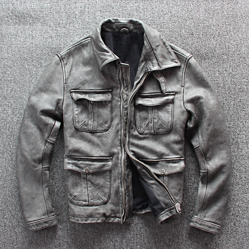 Handmade Men's Business Shirt Pocket Motorcycle Clothing Leather Jacket Coat