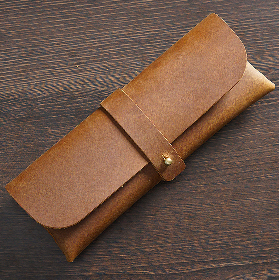 First Layer Cowhide Retro Pencil Case Trendy Large Capacity Leather Students Stationery Box