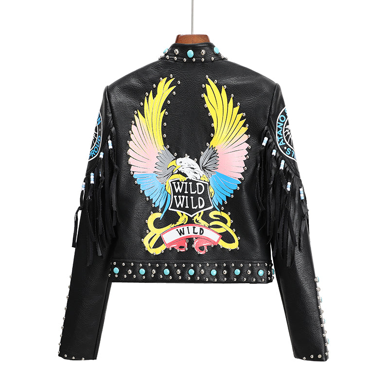 New Fashion Print Contrast Color Rivet Leather Jacket For Women