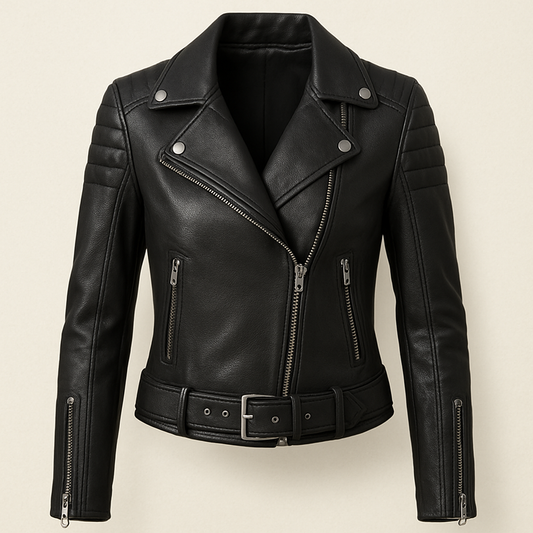 Premium black biker leather jacket for Female - stylish motorcycle jacket with quilted sleeves and zipper details