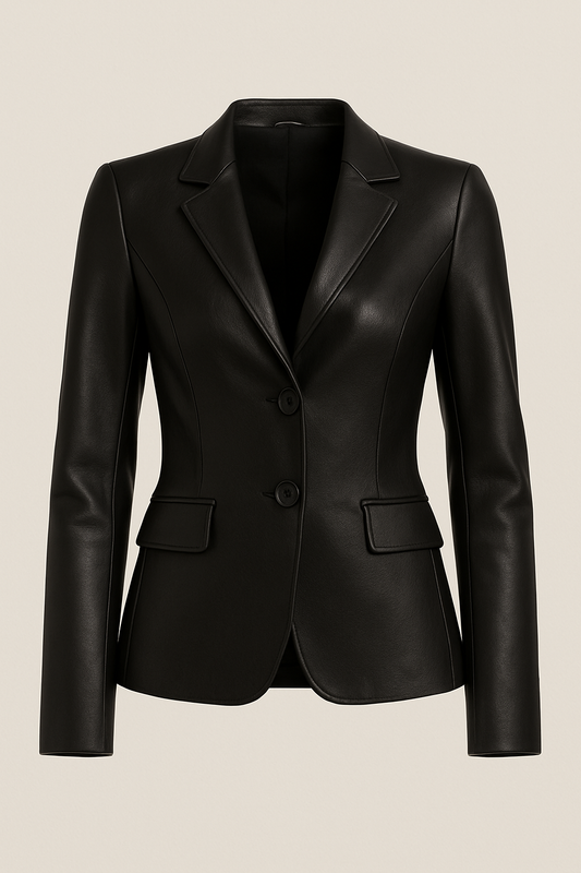 Women’s Black Genuine Leather Blazer – Classic Handmade Formal Jacket for Stylish Look