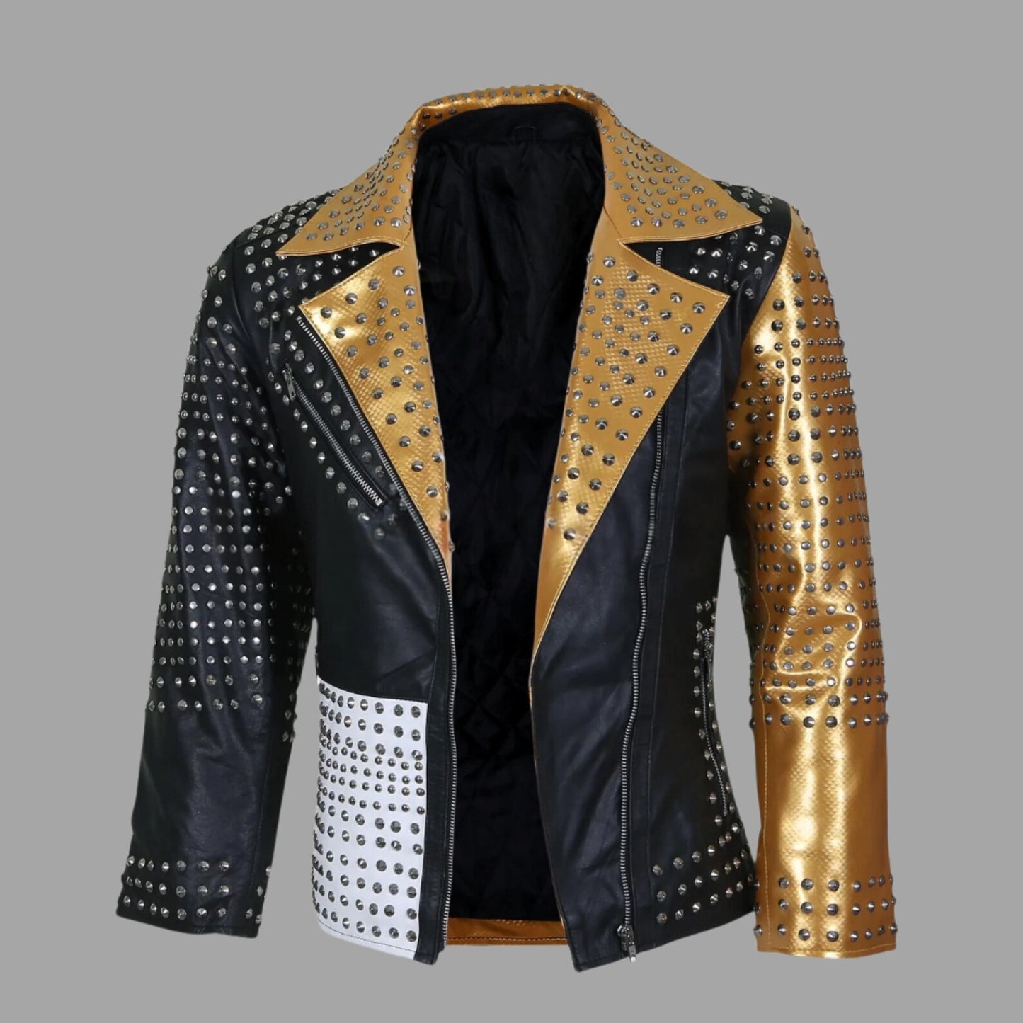 Handmade Studded Biker Genuine Leather Jacket – Gold Black White Punk Rock Motorcycle Coat, Handmade Spiked Stagewear, Rockstar Festival Outfit