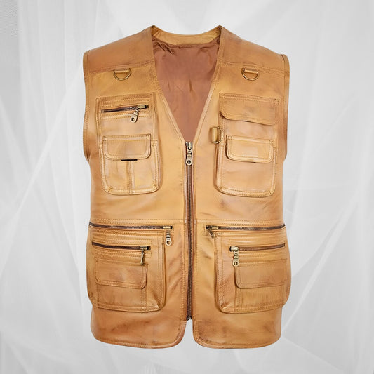 Men’s Tan Leather Utility Vest – Multi-Pocket Hunting Fishing Outdoor Travel Vest – Vintage Genuine Leather Safari Tactical Vest for Men