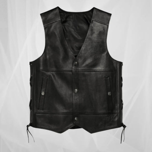 Handmade Black Genuine Leather Biker Vest – Genuine Cowhide Sleeveless Motorcycle Club Waistcoat with Side Laces Western Leather Vest Biker Vest