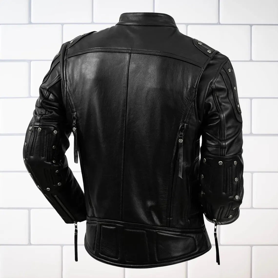handmade Men’s Black Leather Biker Jacket – Military Style Motorcycle Coat with Zippers & Rivet Details – Handmade Real Leather Outerwear