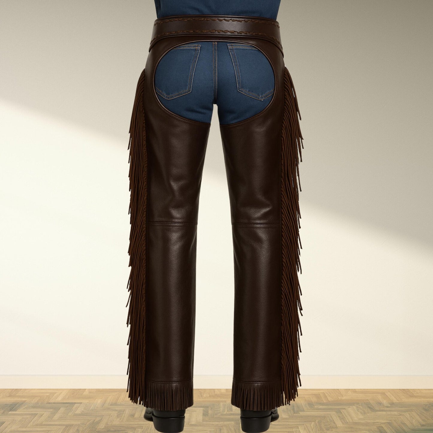 Western Genuine Leather Fringe Chaps – Handmade Cowboy Rodeo Riding Pants – Dark Brown Suede with Conchos and Snap Closure – Festival Outfit