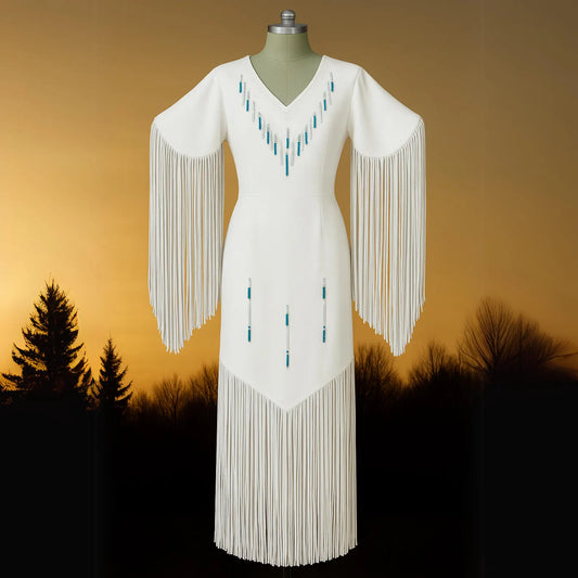 White Leather Fringe Western Dress: Turquoise Beaded Cowgirl Outfit