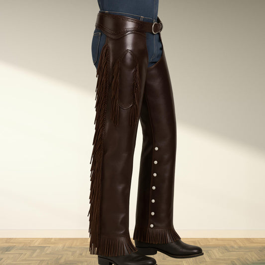 Western Genuine Leather Fringe Chaps – Handmade Cowboy Rodeo Riding Pants – Dark Brown Suede with Conchos and Snap Closure – Festival Outfit
