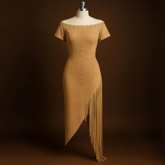 Women’s Off-Shoulder Suede Fringe Dress – Asymmetric Western Bodycon Dress with Stud Detail & Tassel Hem
